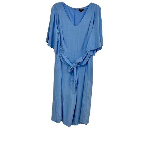 Maree Pour Toi Linen Crepe Stretch Cropped Half Sleeve Belted Blue Jumpsuit 18 - Picture 3 of 9